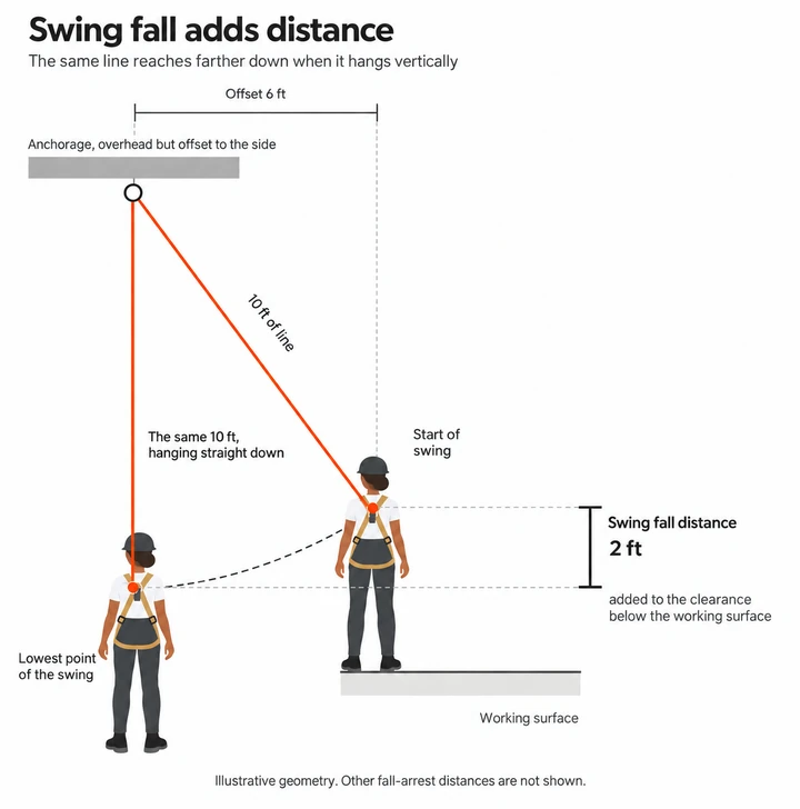 An anchorage overhead but 6 ft to the side of a worker standing on the working surface. At the start of the swing, 10 ft of line reaches 8 ft down. At the lowest point of the swing the same 10 ft hangs straight down, 2 ft lower. That 2 ft is the swing fall distance.