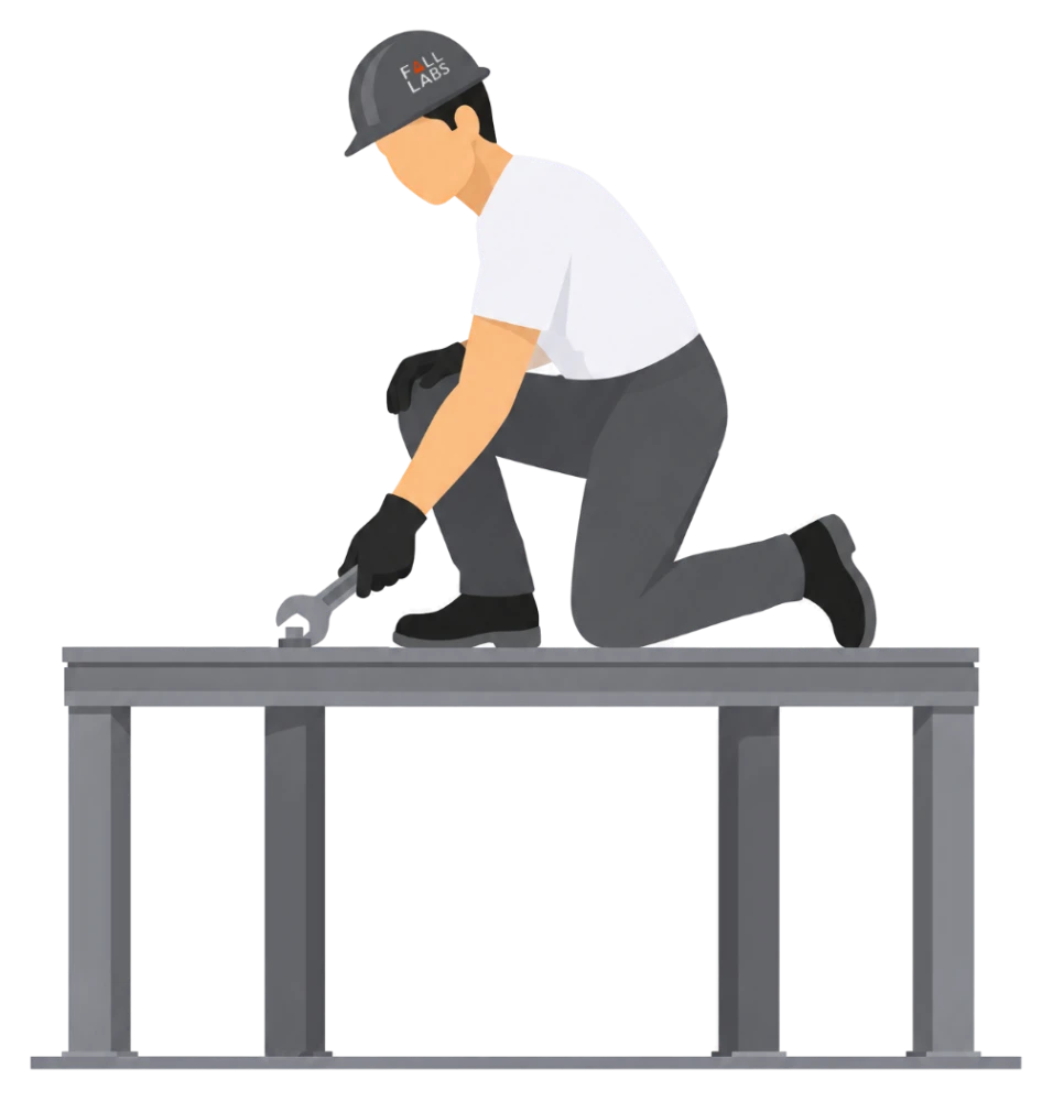 Illustration of a worker kneeling on a low, open steel platform and tightening a bolt with a wrench, with no fall protection.