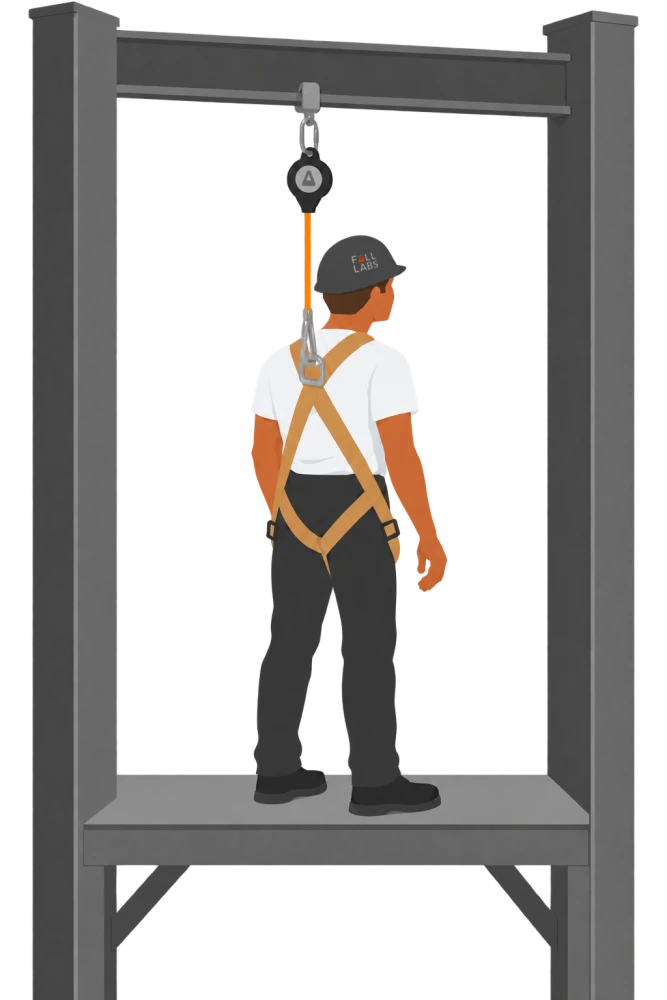 Illustration of a worker on a raised platform, connected from the back D-ring of a full body harness to a self-retracting device on an overhead steel beam.